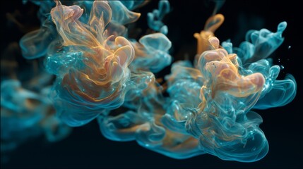 Obraz premium Ethereal glowing liquid shapes drift over a deep black abstract void