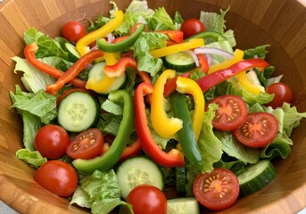 Delicious and healthy salad with fresh vegetables in a wooden bowl, ready to eat.