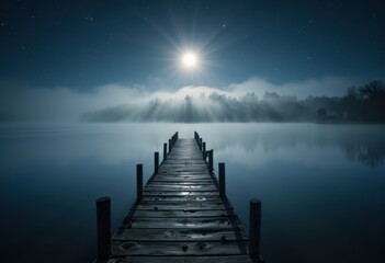 Obraz premium Serene moonlit lake scene with a wooden dock extending into calm water under a bright full moon
