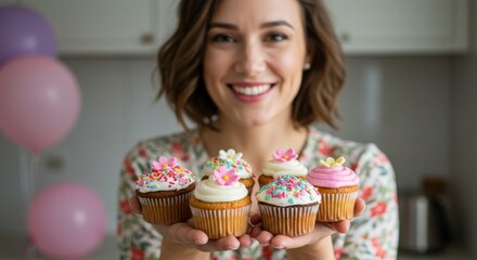 Mother's Day Cupcakes and Smiles - A happy mother holds five delicious cupcakes, symbolizing love, sweetness, celebration, family, and joy. Perfect for Mother's Day