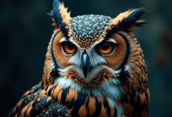 Obraz premium Close-up of a majestic owl with piercing orange eyes and detailed feather patterns