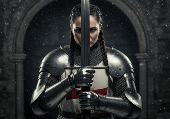 Naklejka premium A striking portrait of a female knight, ready for battle, holding a sword in front of her face.