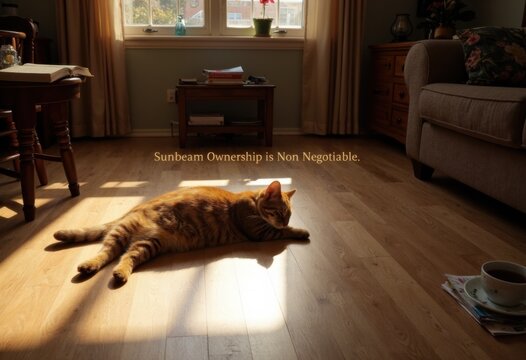 A relaxed orange cat lounging in a sunbeam on a wooden floor