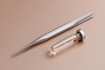 Top-down shot of sterile scalpel and vial kit on light taupe background, spaced out design,