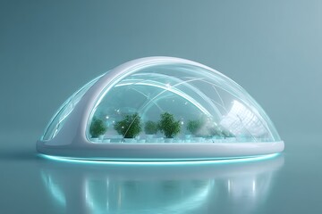 Transparent bio-dome model on soft teal background, futuristic eco-lab concept with copy space,
