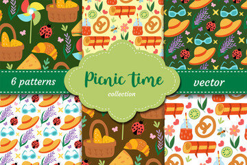 Charming picnic vector patterns with food baskets, croissants, cheese, drinks, sunglasses and ladybugs. Perfect for summer events, packaging, fabric and outdoor designs.