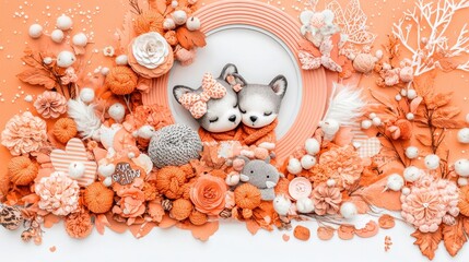 A charming scene of two dogs in a wreath, surrounded by flowers and other decorative elements.