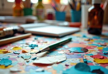 Fototapeta premium Colorful paper confetti and art supplies scattered on a creative workspace table
