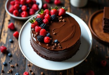 Decadent chocolate cake topped with fresh berries and chocolate shavings