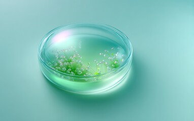 Transparent Petri dish with culture sample placed bottom-right on mint gradient background with negative space,