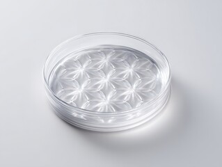 Transparent petri dish with geometric patterns on soft white background, center focus with room to edit,