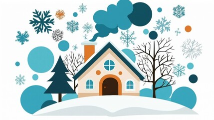 A cozy winter scene with a house, trees, and snowflakes.