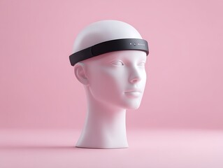 Wearable brain-sensor band placed on white mannequin head, solid pink background and negative space for copy,