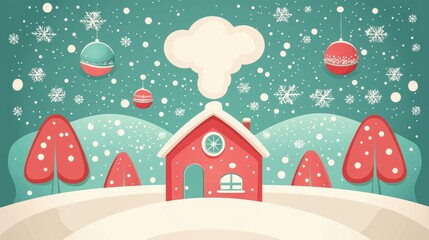 A cozy red house with a chimney sits in a snowy landscape, surrounded by festive Christmas decorations.