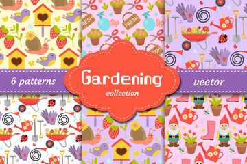 Lovely gardening vector patterns with tools, plants, gnomes, flowers, snails and strawberries. Great for spring decor, packaging, hobby prints and kids designs.