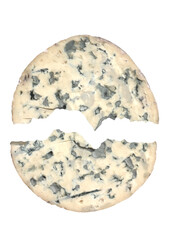 Blue cheese close-up, cut, two halves, on white background, detail, French dairy product, delicacy