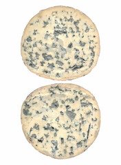 Blue cheese close-up, cut, two halves, on white background, detail, French dairy product, delicacy