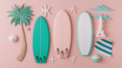 A pink beach scene with three surfboards, a palm tree, starfish, seashells, and a lighthouse.