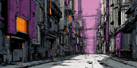 Fototapeta premium Futuristic cityscape narrow street cyberpunk alleyway digital art
