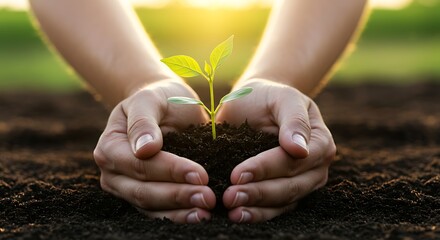 Hands Holding Green Plant with Soil Under Sunlight

