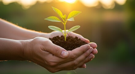 Hands Holding Green Plant with Soil Under Sunlight

