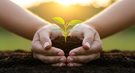 Hands Holding Green Plant with Soil Under Sunlight

