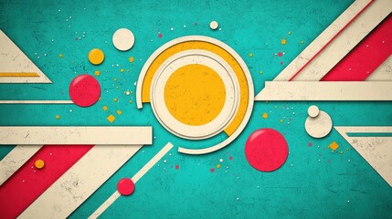 A vibrant abstract composition featuring geometric shapes and bold colors.