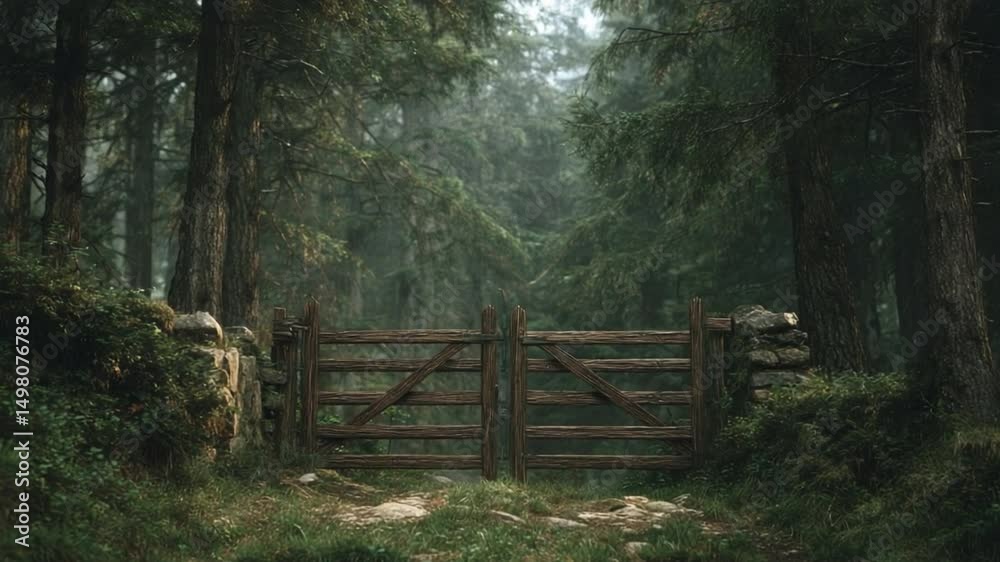 Aufkleber forest gate: a rustic wooden gate welcomes you to a serene woodland path, enveloped by lush greenery