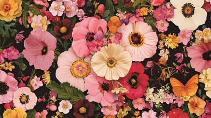 A vibrant collage of flowers in various colors and sizes, with a butterfly adding a touch of whimsy.