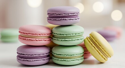 Obraz premium Pastel-colored macarons on white background