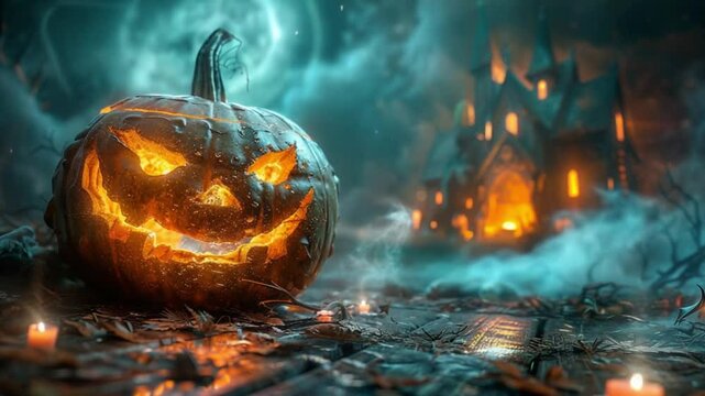 lentera labu halloween di depan rumah hantu