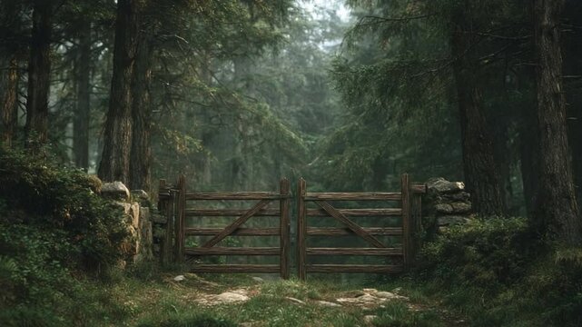 Forest Gate: A rustic wooden gate welcomes you to a serene woodland path, enveloped by lush greenery and an inviting atmosphere. Experience the tranquility of nature in this captivating image.