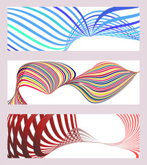 Wavy lines or ribbons. Set of 3 backgrounds. Multicolored striped gradient. Creative unusual background with abstract gradient wave lines to create a trendy banner, poster. vector eps