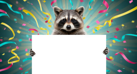 Raccoon Holding Blank Sign Festive Celebration - A playful raccoon holds a blank sign, surrounded by colorful confetti and ribbons. Symbolizing fun, celebration, announcements, marketing