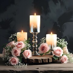 Beautiful candles with flowers on wooden table on dark background