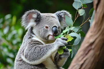 Fototapeta premium Koala bear munching on fresh eucalyptus leaves in an Australian habitat, Fauna of Australia Koala bear eating fresh tree leaves