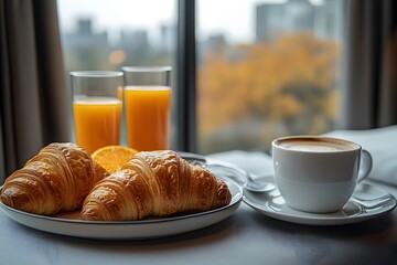 Morning breakfast with croissants, orange juice and coffee again
