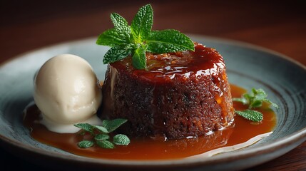Warm sticky toffee pudding dessert with caramel