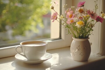 Warm coffee cup resting on a windowsill beside a vase of colorful flowers in bright sunlight, A cup of warm coffee on windowsill with decorative flower vase ing time-lapse Photo