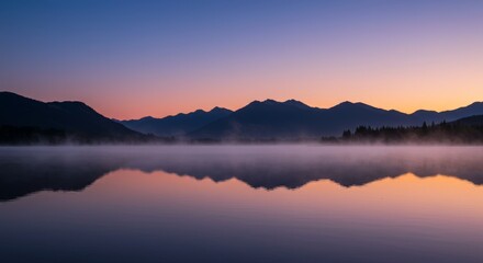 Serene Mountain Lake at Dawn - Tranquil sunrise over a misty mountain lake, reflecting the soft pastel colors of the dawn sky. Symbolizing peace, serenity, reflection, renewal, and hope