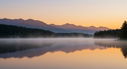 Fototapeta premium Serene Mountain Lake Sunrise - Peaceful dawn over a misty mountain lake, reflecting the sunrise colors. Symbolizing tranquility, serenity, nature's beauty, renewal, and hope