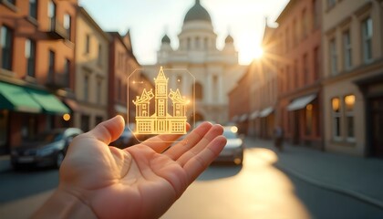 A hand holding a hologram of a building with golden light, in the background a city street with buildings and sunlight  .