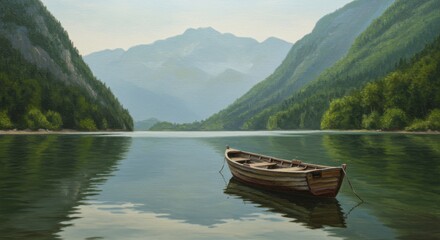 Obraz premium Serene Mountain Lake with Rowboat - A tranquil scene of a wooden rowboat on a calm lake, nestled amongst majestic mountains under a soft sky