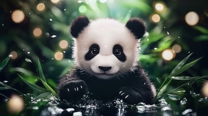 Fototapeta premium A cute panda sitting in the water surrounded by green leaves.