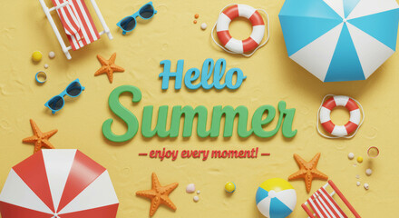 Obraz premium Colorful flat illustration on summer theme with beach umbrellas, starfish, sunglasses and inflatable pool mattresses and the lettering 
