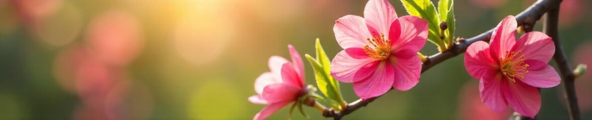 Fototapeta premium Close-up of vibrant spring flowers bursting with color, fresh green leaves emerging on branches, sunlight illuminating petals Perfect for springtime themes, renewal, and growth , bloom, blossom