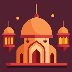 Islamic Mosque at Night with Glowing Lanterns and Stars for Ramadan Theme
