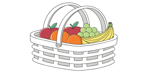 Colorful cartoon illustration of a picnic basket filled with fresh fruits