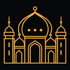 Elegant Golden Mosque Outline Design on Black Background for Islamic Art