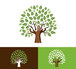  logo design of stylized tree with a brown trunk shaped like hands, themes of growth, nature, and support.